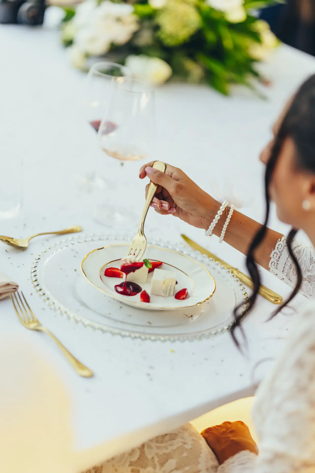 Bride eating the dessert