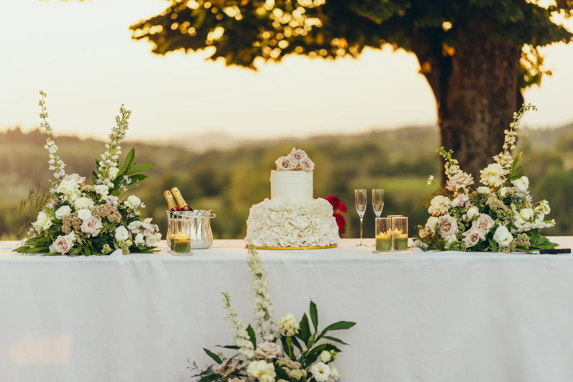 wedding table set with wedding cake